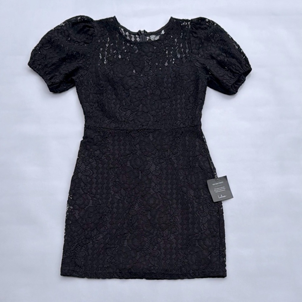 NWT Lulus Not a Secret Black Lace Puff Sleeve Mini Dress - Picture 6 of 11